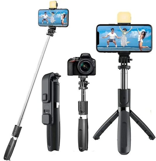 4-in-1 Bluetooth Selfie Stick Tripod | Extendable Stand with Wireless Remote, LED Light & Camera Holder
